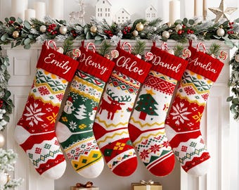 2026 Personalized Christmas Xmas Embroidered Family Name Stockings, Holiday Knit Stocking Decor, Christmas Gifts