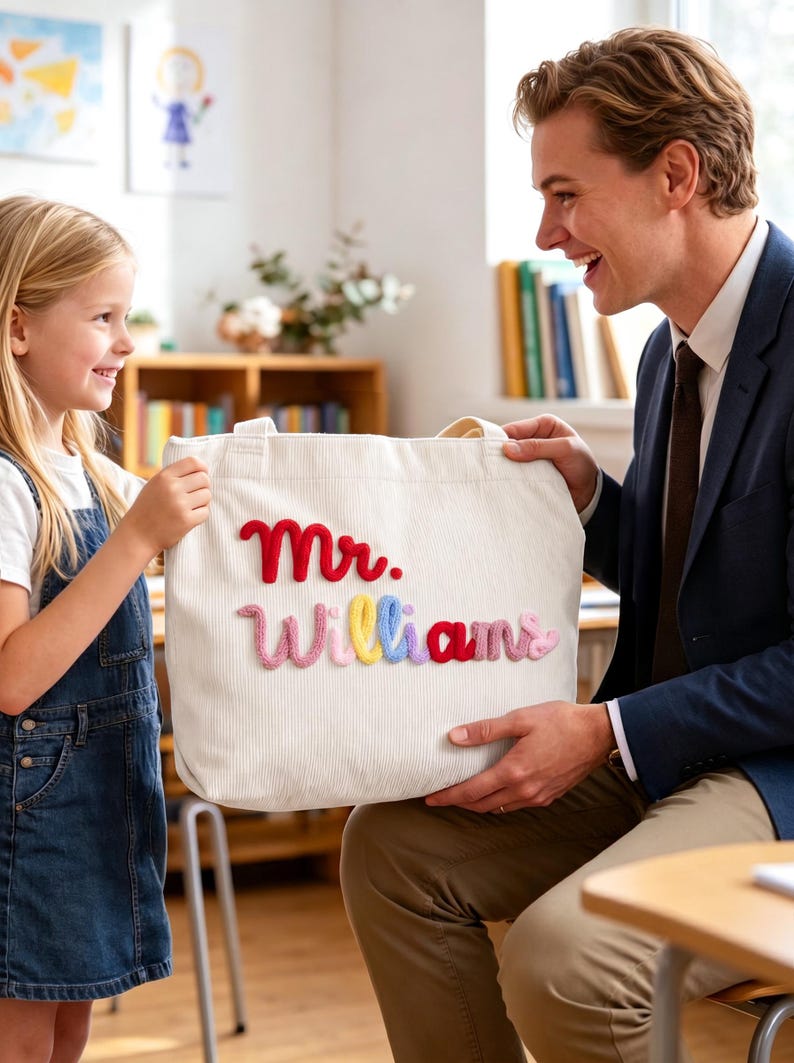 May include: A white corduroy tote bag featuring the text Mr. Williams embroidered in colorful, raised yarn lettering. The word Mr. is in red, while the name Williams is spelled out in alternating pink, yellow, blue, and red yarn letters.