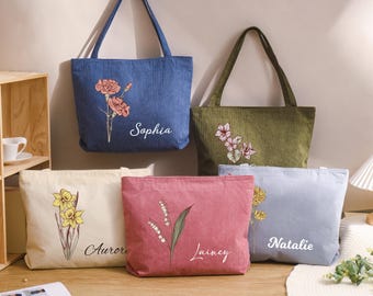 Personalized Corduroy Tote Bag, Bridesmaid Tote Gift, Birth Flower Name Beach Bags