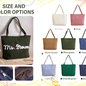 May include: A corduroy tote bag with the text Ms. Brown, featuring a zipper closure and an interior pocket. Dimensions are 17.7 inches by 12.9 inches by 3.9 inches. Available in white, pink, warm brown, olive green, French blue, light blue, emerald green, and grey blue.