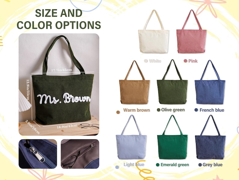 May include: A corduroy tote bag with the text Ms. Brown, featuring a zipper closure and an interior pocket. Dimensions are 17.7 inches by 12.9 inches by 3.9 inches. Available in white, pink, warm brown, olive green, French blue, light blue, emerald green, and grey blue.