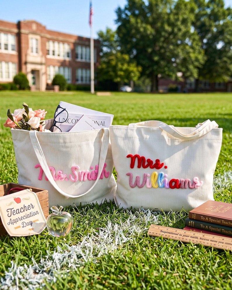 May include: Two off-white corduroy tote bags featuring personalized names in raised, colorful yarn lettering. One bag displays 'Ms. Smith' in pink, while the other shows 'Mrs. Williams' in red, pink, yellow, and blue. A wooden ruler is visible nearby.