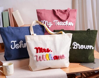 Personalized Teacher Tote Bag,Custom Name Corduroy Bags For Her, Teacher Appreciation Gift