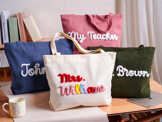 Personalized Teacher Tote Bag,Custom Name Corduroy Bags For Her, Teacher Appreciation Gift