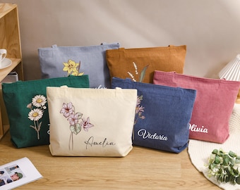 Personalized Corduroy Tote Bag, Custom Name Birth Flower Zipper Bag, Bridesmaid Totes Gifts