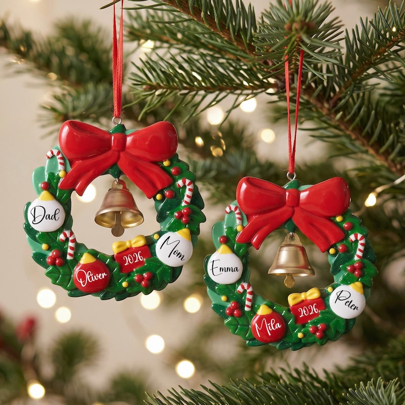 K&ouml;nnte beinhalten: Zwei kreisf&ouml;rmige Weihnachtsbaumschmuck-Kr&auml;nze mit gr&uuml;nem Blattwerk, einer gro&szlig;en roten Schleife oben und einer goldenen Glocke in der Mitte. Jeder Kranz enth&auml;lt kleine Zuckerstangen, rote Beeren und Kugeln, die mit Namen und 2026 beschriftet sind.