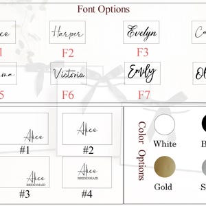 May include: Image showcasing font and color options for personalized items. Features various script fonts like Alice, Harper, and Evelyn, along with color choices: white, black, gold, and silver. Text position options are also displayed.