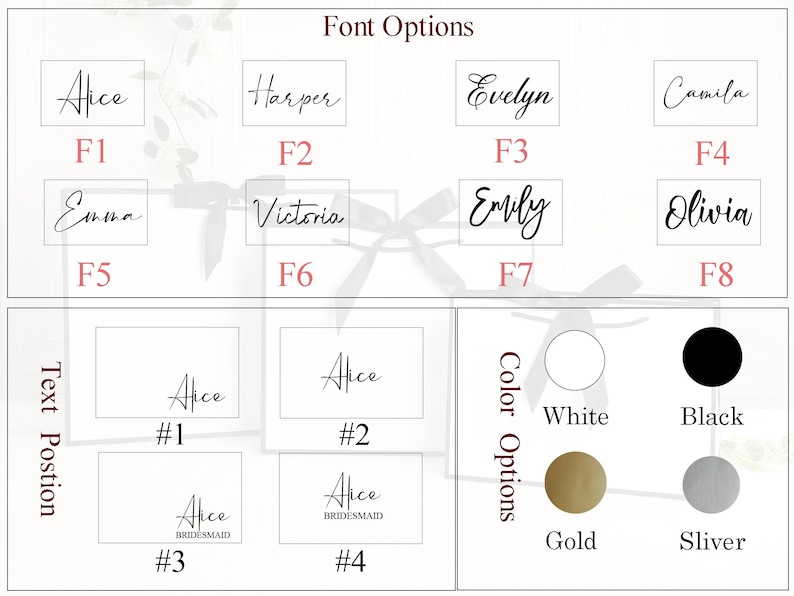 May include: Image showcasing font and color options for personalized items. Features various script fonts like Alice, Harper, and Evelyn, along with color choices: white, black, gold, and silver. Text position options are also displayed.