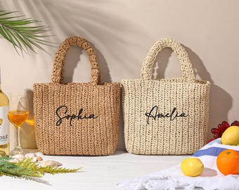 Personalized Embroidered Straw Beach Tote Bag, Bridesmaid Gift, Vacation Travel Bag, Bachelorette Party Gifts