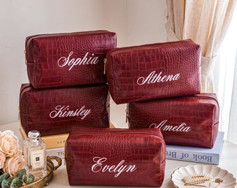 Personalized  Leather Makeup Bag, Embroidered Cosmetic Pouch, Custom Makeup Case, Toiletry Bags, Bridesmaid Gifts
