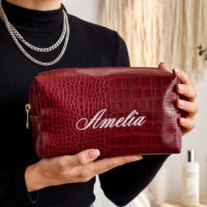 Personalized Embroidered Leather Makeup Bag, Bridesmaid Cosmetic Pouch, Toiletry Bags, Bridesmaid Gift for Her