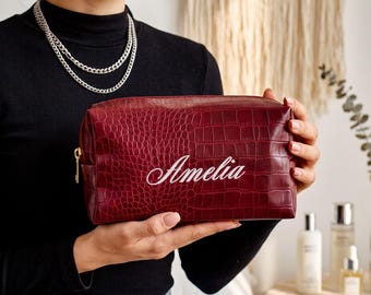 Personalized Embroidered Leather Makeup Bag, Bridesmaid Cosmetic Pouch, Toiletry Bags, Bridesmaid Gift for Her