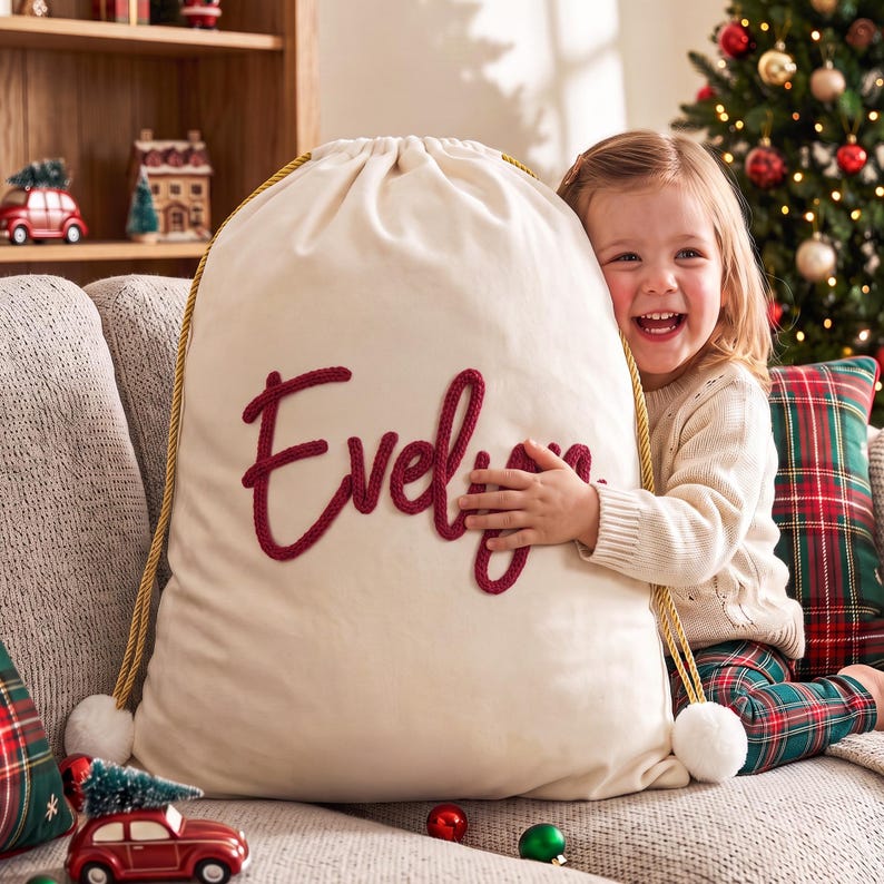 May include: A large, off-white fabric drawstring gift sack featuring the name Evelyn embroidered in thick, dark red yarn lettering. The sack has gold-colored braided drawstrings with white pom-poms at the ends, designed for holding holiday gifts.