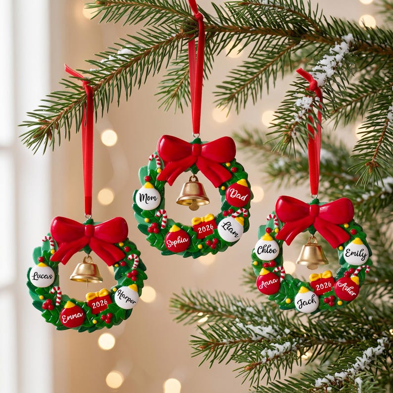 K&ouml;nnte beinhalten: Drei kreisf&ouml;rmige Weihnachtskranz-Ornamente, die an roten B&auml;ndern h&auml;ngen. Jeder gr&uuml;ne Kranz ist mit einer gro&szlig;en roten Schleife, einer goldenen Glocke und kleinen bunten Kugeln mit Namen wie Lucas, Emma, Harper, Mom, Dad, Sophia, Liam, Chloe, Anna, Jack, Emily und Asher sowie der Jahreszahl 2026 versehen.