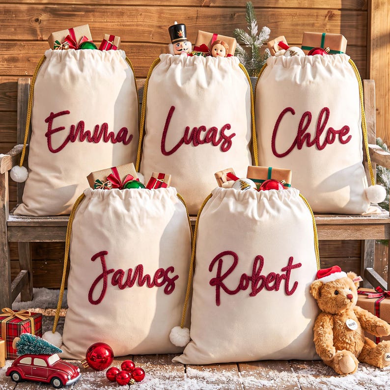 May include: Five cream-colored fabric drawstring sacks with gold cords and white pom-poms, each featuring a name embroidered in red script: Emma, Lucas, Chloe, James, and Robert. The sacks are filled with wrapped gifts and holiday ornaments.