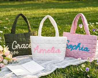 Custom Quilted Tote Bag, Personalized Name Beach Bag, Bridesmaid Wedding Gift