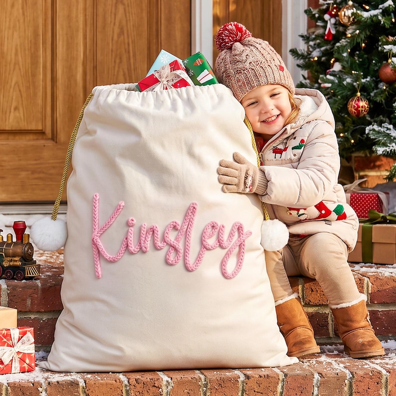May include: A large, off-white fabric gift sack featuring the name Kinsley embroidered in pink yarn on the front. The sack has gold drawstring cords with white pom-poms at the ends and is filled with wrapped presents at the top opening.