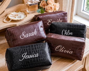 Personalized  Leather Makeup Bag, Embroidered Makeup Pouch, Custom Cosmetic Bags, Bridesmaid Gifts for Her