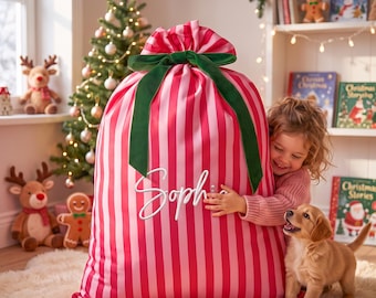 Personalized Large Striped Embroidered Santa Sack, Kids Holiday Gifts Bag, Christmas Santa Gift Bags