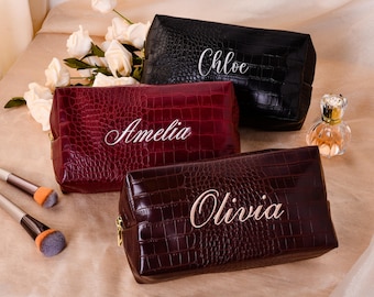Personalized Embroidered Leather Makeup Bag, Leather Toiletry Bag, Custom Cosmetic Bag, Gift for Her
