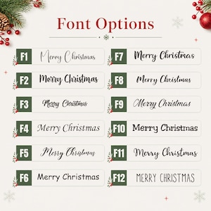 K&ouml;nnte beinhalten: Eine &Uuml;bersicht mit dem Titel Font Options, die zw&ouml;lf verschiedene typografische Stile f&uuml;r den Schriftzug Merry Christmas zeigt. Jede Option ist von F1 bis F12 auf dunkelgr&uuml;nem Hintergrund beschriftet und umfasst verschiedene Schriftarten.