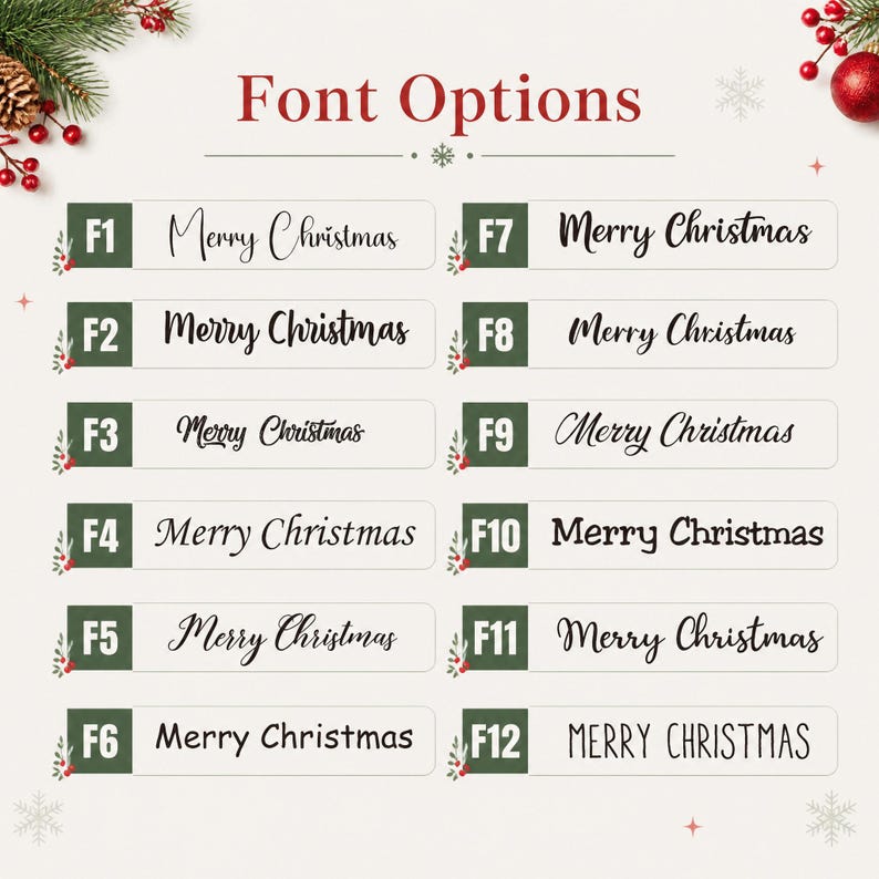 K&ouml;nnte beinhalten: Eine &Uuml;bersicht mit dem Titel Font Options, die zw&ouml;lf verschiedene typografische Stile f&uuml;r den Schriftzug Merry Christmas zeigt. Jede Option ist von F1 bis F12 auf dunkelgr&uuml;nem Hintergrund beschriftet und umfasst verschiedene Schriftarten.