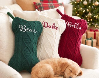 Personalized Knit Christmas Stockings, Custom Family Stocking with Name, Dog Bone Stockings, Holiday Decor