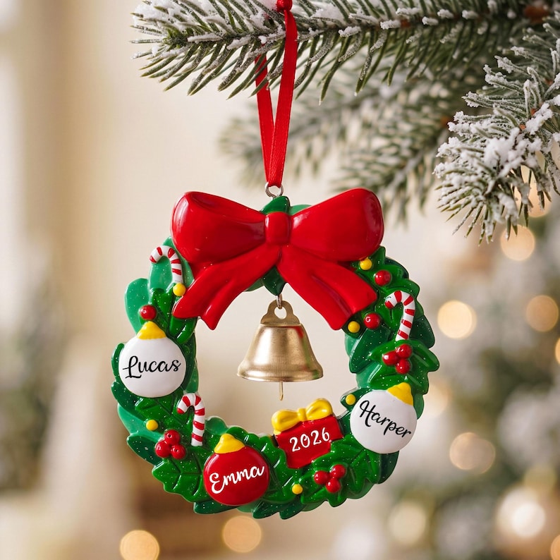 K&ouml;nnte beinhalten: Ein gr&uuml;ner Weihnachtskranz-Anh&auml;nger mit einer gro&szlig;en roten Schleife oben und einer goldenen Glocke in der Mitte. Der Kranz ist mit roten Beeren, Zuckerstangen und drei wei&szlig;en oder roten Kugeln verziert, die mit den Namen Lucas, Emma und Harper sowie einem kleinen roten Geschenk mit der Aufschrift 2026 versehen sind.