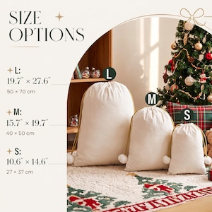 May include: Three off-white drawstring gift bags in large, medium, and small sizes. The bags feature gold drawstrings with white pom-poms. Text on the left lists sizes: L 19.7" x 27.6", M 15.7" x 19.7", and S 10.6" x 14.6".