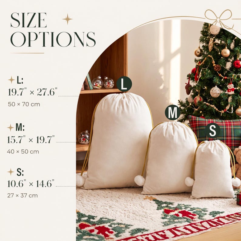 May include: Three off-white drawstring gift bags in large, medium, and small sizes. The bags feature gold drawstrings with white pom-poms. Text on the left lists sizes: L 19.7" x 27.6", M 15.7" x 19.7", and S 10.6" x 14.6".