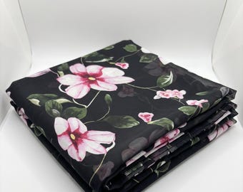 Black Floral Chiffon Fabric, 100% Polyester, Lightweight Sheer Chiffon, 148cm Wide, Sold by the Metre, Dressmaking Fabric UK