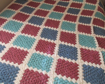 Q122 Vintage Boho Squares Hand Crochet Afghan Blanket Crazy Wool Throw 66 x 52