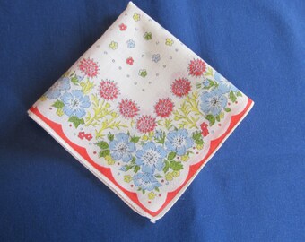 F 122 Vintage Ladies Blue Red Yellow Floral Print Handkerchief Hankie