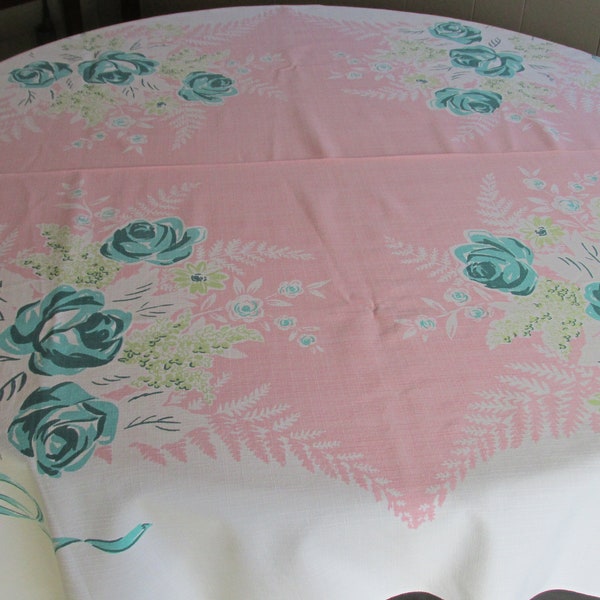 TC 558 Vintage  Cotton Print Tablecloth  Aqua Teal Pink Rose Fern Lilac Floral 45 x 48