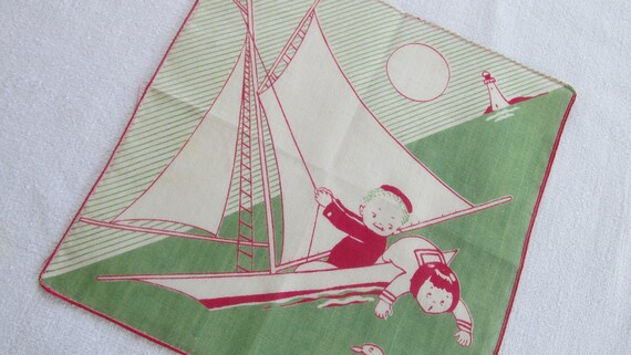 F 113 Vintage Childrens Kids Sailboat Ducks Print… - image 1