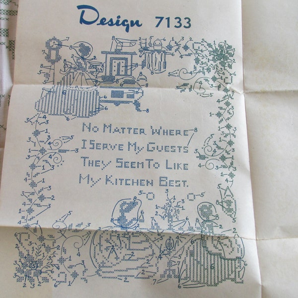 PB253 Vintage No Matter Where I Serve My Guests Alice Brooks Pattern 7133 Iron Transfer Stamped Linen to Embroidery Frame Wall Hanging