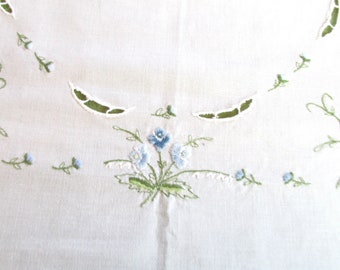 TC 568 Vintage Cotton Embroidered Blue Floral Cutwork Luncheon Tablecloth Topper 30 x 30