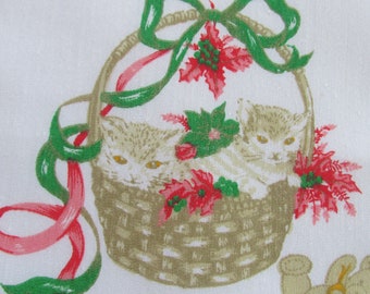 F 115 Vintage Childrens Kids Christmas Kittens Print Handkerchief Hankie