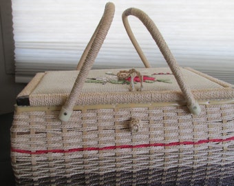 Vintage Flower Wicker Rattan Eaton Satin Lined Sewing Basket Large