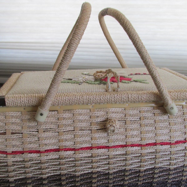 Vintage Flower Wicker Rattan Eaton Satin Lined Sewing Basket Large