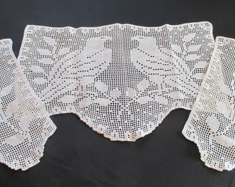 D168 Vintage 3 PC Set Hawk Bird Filet Crochet Antimacassar Runner Center Piece Doily Hand Crochet