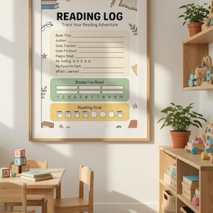 May include: A framed reading log poster with a light beige background, featuring the text READING LOG and Track Your Reading Adventure. It includes sections for book details, a Books I've Read tracker, and a Reading Goal section with book icons.