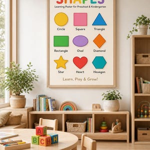 Peut inclure: Une affiche éducative rectangulaire intitulée SHAPES Learning Poster for Preschool & Kindergarten. Elle présente neuf formes colorées, dont un cercle jaune, un carré rose, un triangle bleu, un rectangle vert, un ovale violet, un losange orange, une étoile jaune, un cœur rouge et un hexagone bleu sarcelle avec des étiquettes en dessous. Le texte Learn, Play & Grow! figure en bas.
