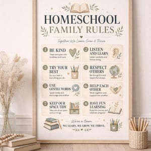 May include: A framed wall art print titled HOMESCHOOL FAMILY RULES with eight numbered guidelines. The design features illustrations of books, a globe, pencils, and hands, with the text Together We Learn, Grow & Thrive and We're a team.
