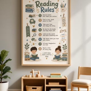 May include: A framed wall poster titled Reading Rules with a numbered list from one to eight, featuring illustrations of books, a chair, a magnifying glass, plants, and two children reading. The text includes A GOOD BOOK MAKES A BETTER YOU.