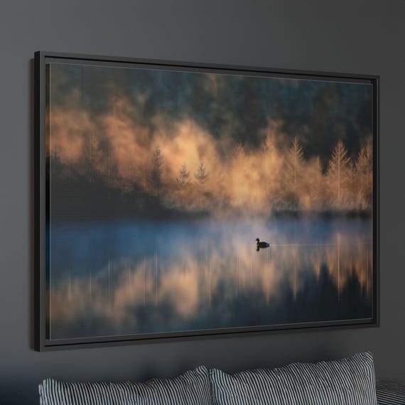 Misty Forest Lake Framed Canvas Wall Art Duck in Pond Abstract Landscape Vintage Inspired Nature Artwork Calm Home Decor Country Home Decor