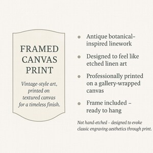 May include: A framed canvas print with text that reads "FRAMED CANVAS PRINT". The print features vintage-style art printed on textured canvas for a timeless finish. The design evokes classic engraving aesthetics.