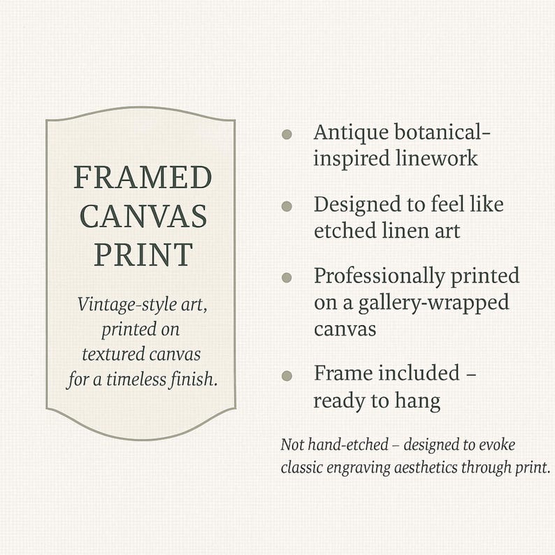 May include: A framed canvas print with text that reads "FRAMED CANVAS PRINT". The print features vintage-style art printed on textured canvas for a timeless finish. The design evokes classic engraving aesthetics.