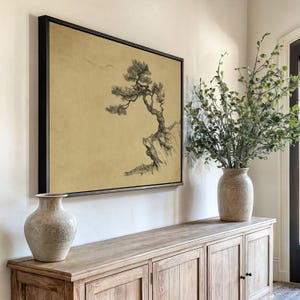 Bonsai Tree Cliff Etching Art Print Japanese Ink Style Framed Wall Decor Minimalist Nature Zen Landscape Meditation Gift Large Canvas Art