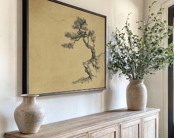 Bonsai Tree Art Print: Japanese Ink Cliff Etching, Framed Canvas Wall Decor